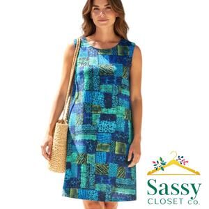 LANY Vintage 90s Blue Green Patchwork Shift Dress L Batik Geometric Resortwear